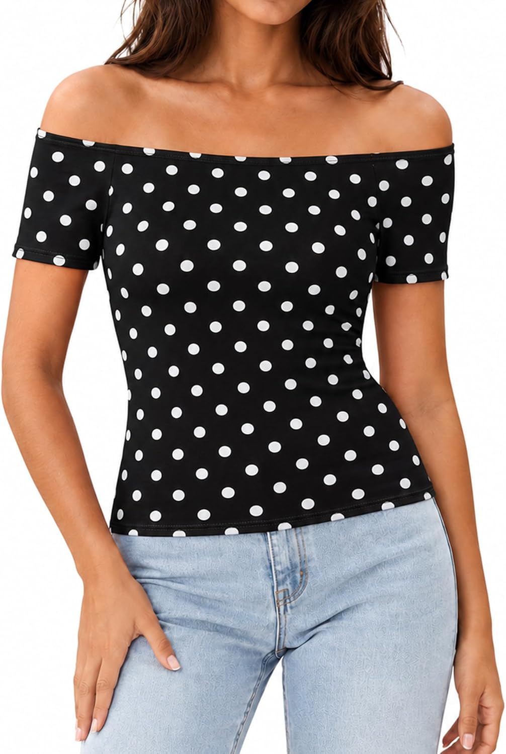 LilyCoco Off The Shoulder Tops for Women Striped Short Sleeve Sexy Going Out Top