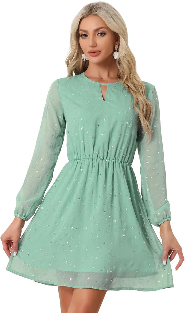 Allegra K Women Metallic Star Choker V Neck Party Flared A-Line Dress
