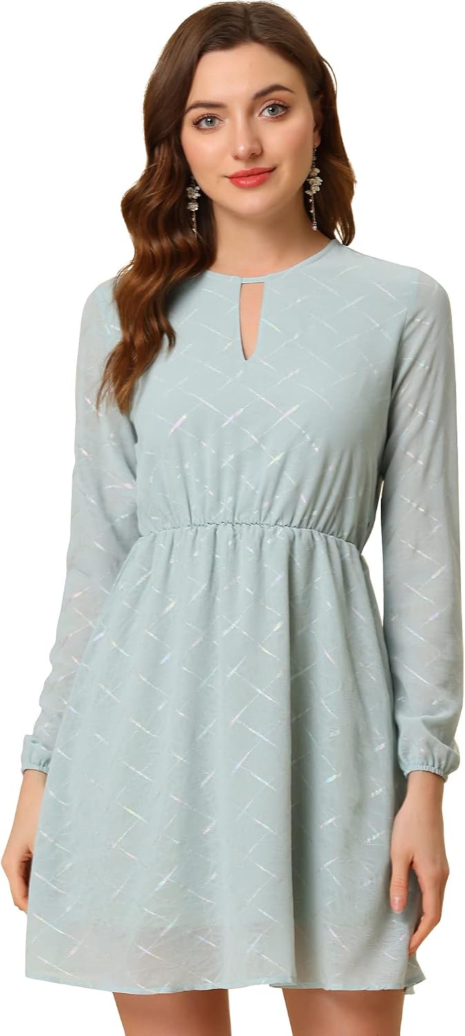Allegra K Women Metallic Star Choker V Neck Party Flared A-Line Dress
