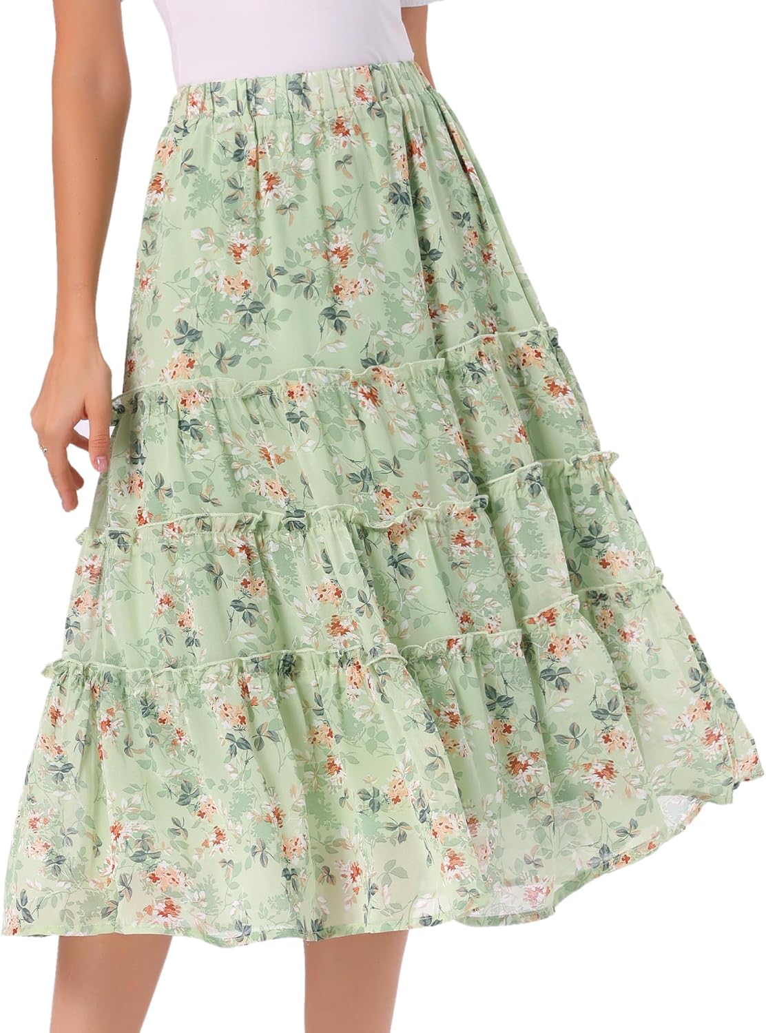 Allegra K Women's Floral Skirt Chiffon A-line Long Tiered Ruffle Maxi Skirt