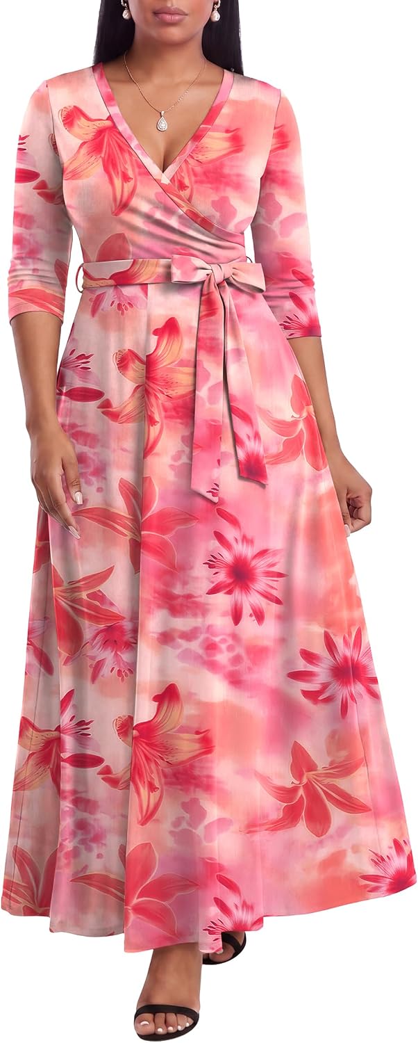 FANDEE Plus Size Maxi Dress for Women Casual Summer Sundress V-Neck 3/4 Sleeve