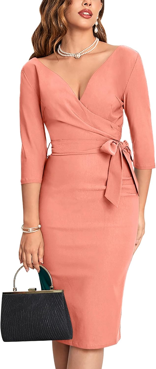 MUXXN Women's Vintage Faux Wrap V Neck 3/4 Sleeve Formal Classic Party Work Dress with Belt