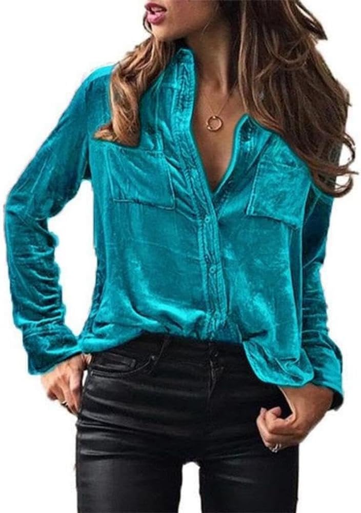 Chvity Velvet Tops for Women Vintage Long Sleeve Button Down Shirts Blouse for Pocket