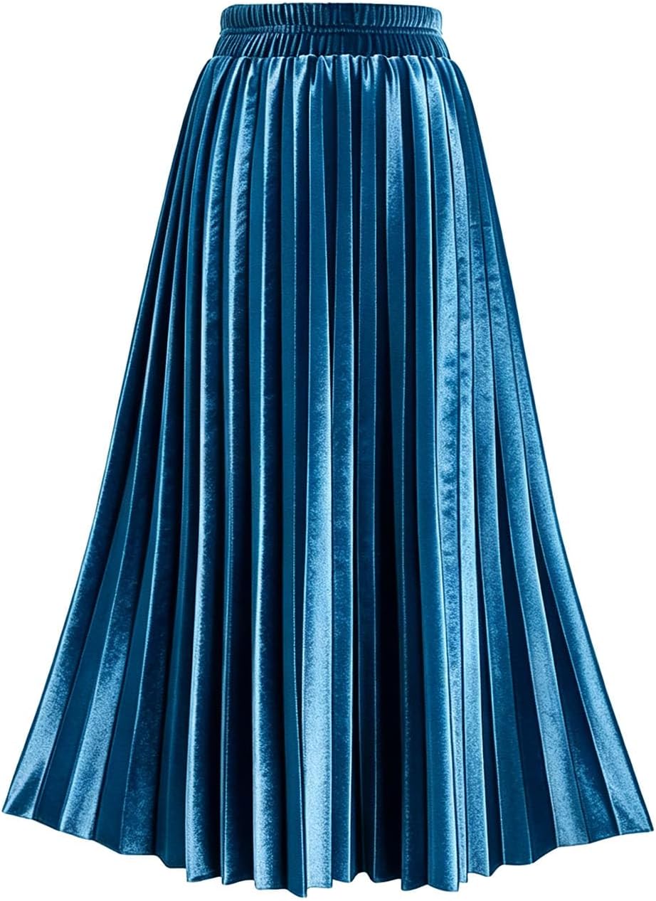TONCHENGSD Women's Fall Winter Velvet Midi Skirt High Elastic Waist Pleated Skirt