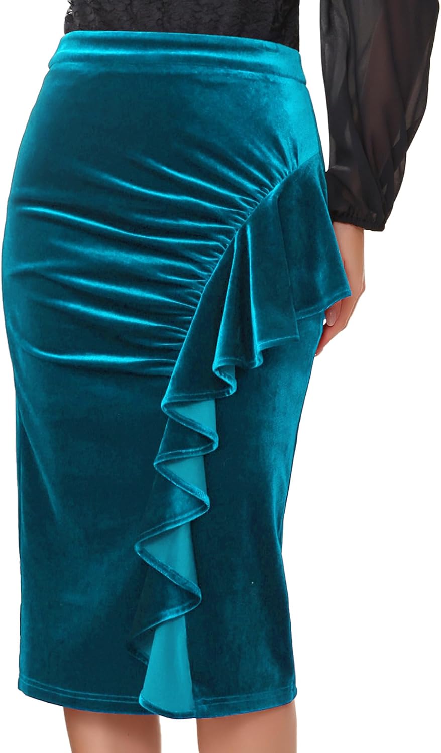 Women's Evening Bodycon Skirt Ruffled Ruched High Waist Formal Cocktail Midi Velvet Skirts
