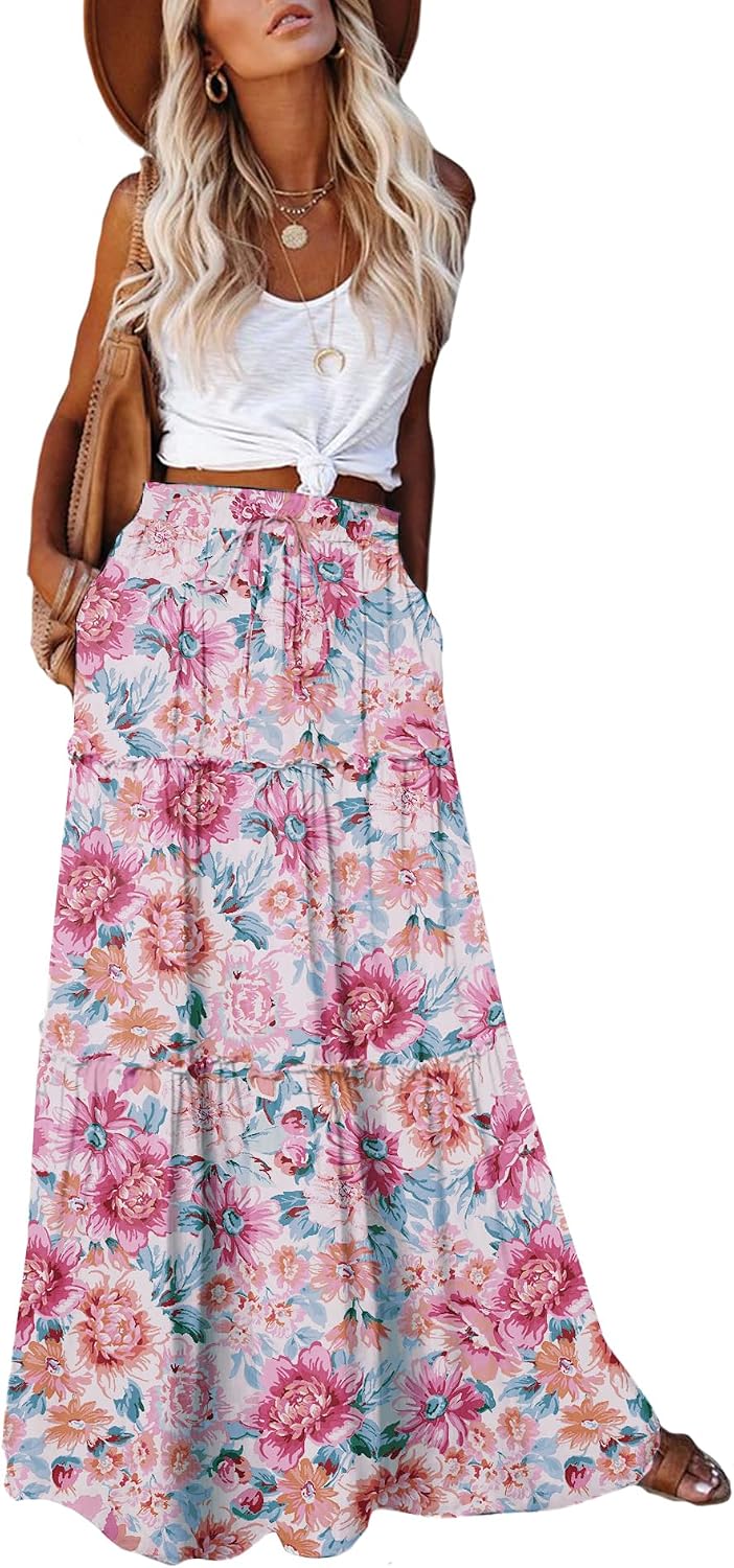 EARKOHA Womens Boho Maxi Skirt 2026 Summer Cruise Casual High Waist Tie Flowy Long Skirt with Pockets For Beach Vacation