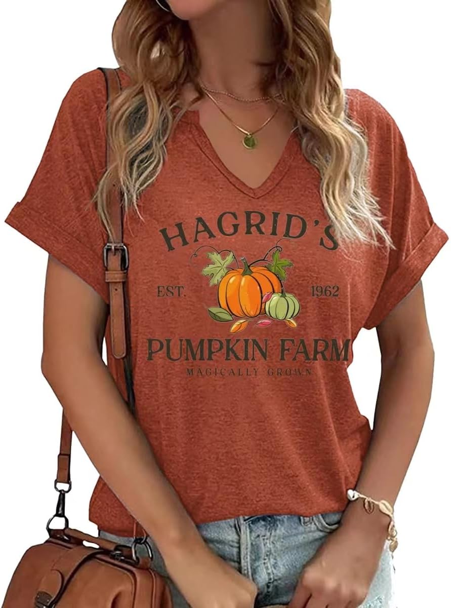 Earlymemb Women Fall Halloween Doodles V Neck Shirt Thanksgiving Casual Tee