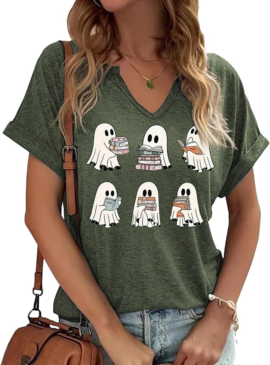 Earlymemb Women Fall Halloween Doodles V Neck Shirt Thanksgiving Casual Tee