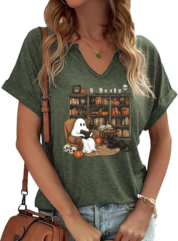 Earlymemb Women Fall Halloween Doodles V Neck Shirt Thanksgiving Casual Tee