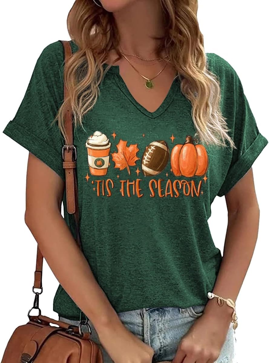 Earlymemb Women Fall Halloween Doodles V Neck Shirt Thanksgiving Casual Tee