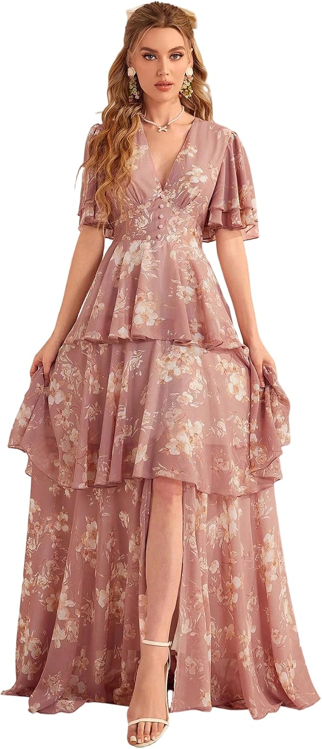 Womens Summer Dresses,Floral Patterns Vintage Elegant Cocktail Long Sleeve Boho Casual Maxi Wedding Guest Dresses for Women