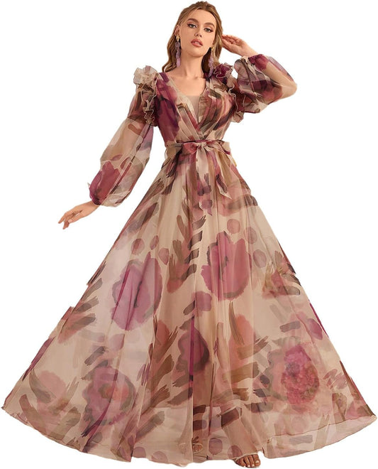 Womens Summer Dresses,Floral Patterns Vintage Elegant Cocktail Long Sleeve Boho Casual Maxi Wedding Guest Dresses for Women