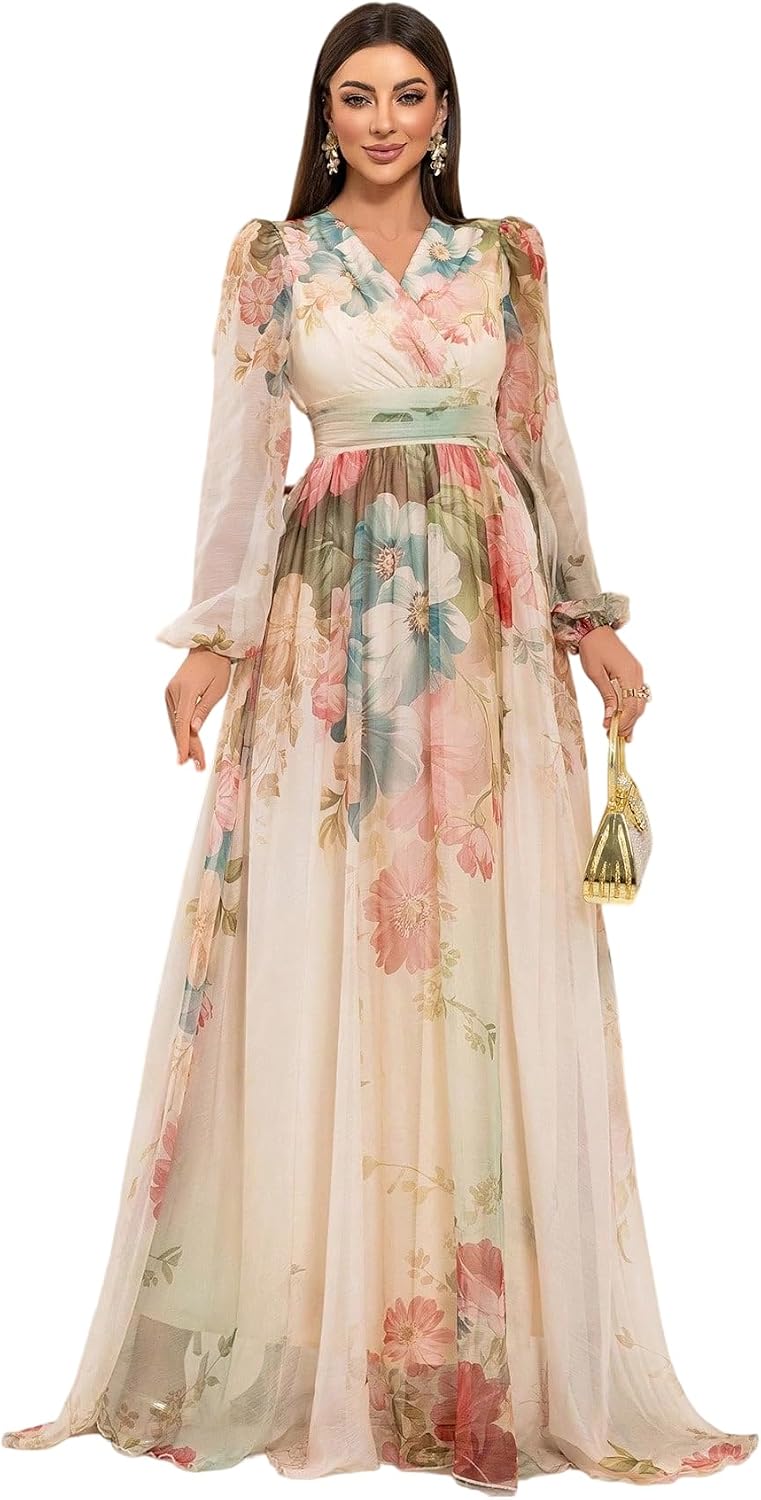 Womens Summer Dresses,Floral Patterns Vintage Elegant Cocktail Long Sleeve Boho Casual Maxi Wedding Guest Dresses for Women