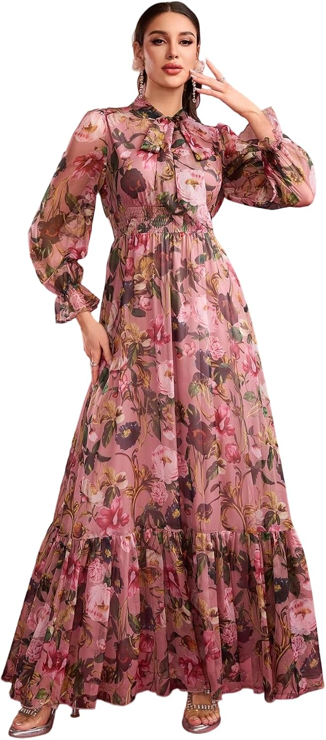 Womens Summer Dresses,Floral Patterns Vintage Elegant Cocktail Long Sleeve Boho Casual Maxi Wedding Guest Dresses for Women