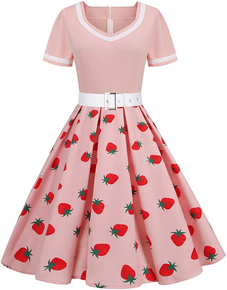 Women Vintage 1950s Dress 50s Polka Dot Rockabilly A-Line Swing Tea Party Prom Retro Cocktail Party Swing Dresses with Belt
