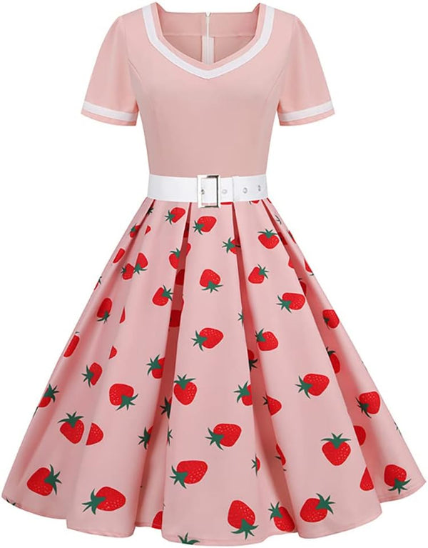 Women Vintage 1950s Dress 50s Polka Dot Rockabilly A-Line Swing Tea Party Prom Retro Cocktail Party Swing Dresses with Belt