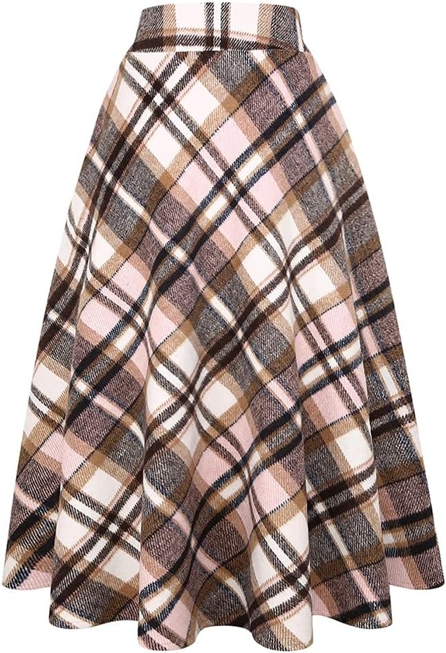 Long Plaid Wool Skirt for Womens Winter Fall Warm High Elastic Waist A line Flared Pleated Wool Tartan Skirts