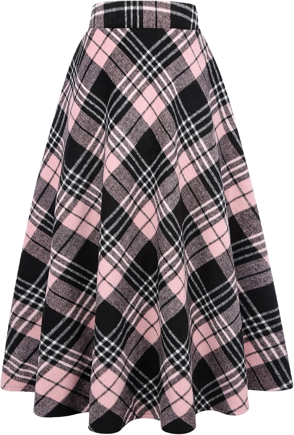 Long Plaid Wool Skirt for Womens Winter Fall Warm High Elastic Waist A line Flared Pleated Wool Tartan Skirts