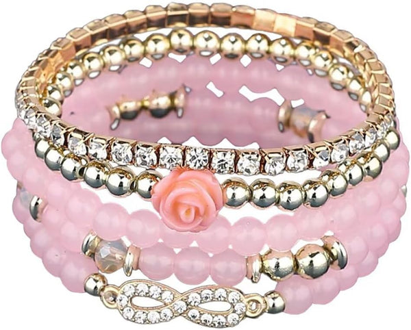 4 Pcs Cute Butterfly Charm Bracelets Set Gold Beaded Stackable Stretch Bracelets Bohemian Summer Jewelry Gifts for Women