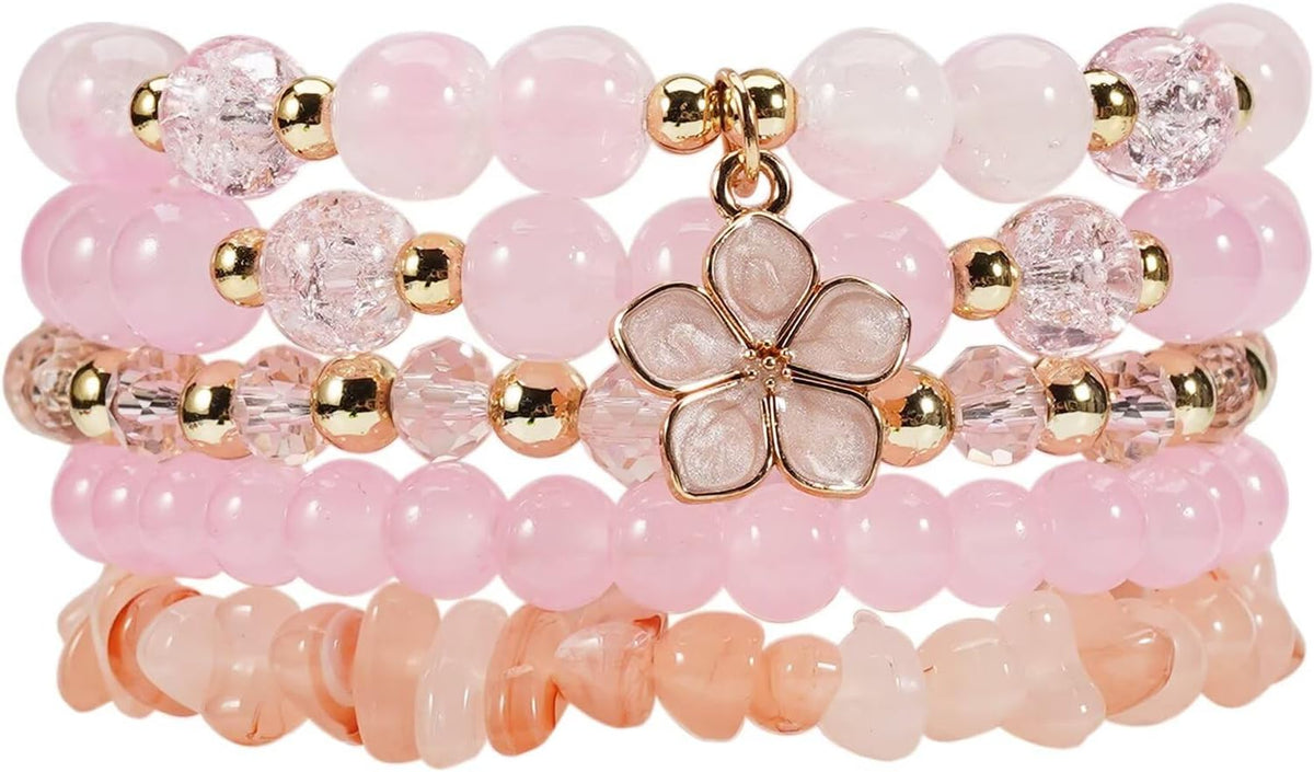 4 Pcs Cute Butterfly Charm Bracelets Set Gold Beaded Stackable Stretch Bracelets Bohemian Summer Jewelry Gifts for Women