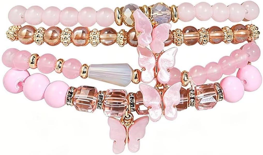 4 Pcs Cute Butterfly Charm Bracelets Set Gold Beaded Stackable Stretch Bracelets Bohemian Summer Jewelry Gifts for Women