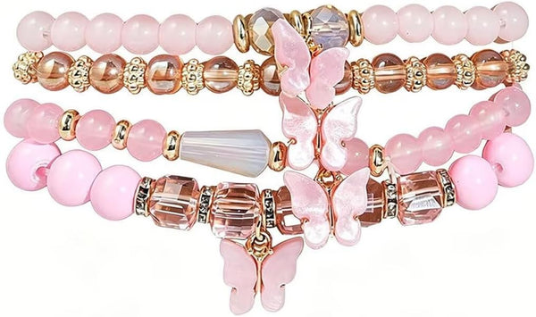 4 Pcs Cute Butterfly Charm Bracelets Set Gold Beaded Stackable Stretch Bracelets Bohemian Summer Jewelry Gifts for Women