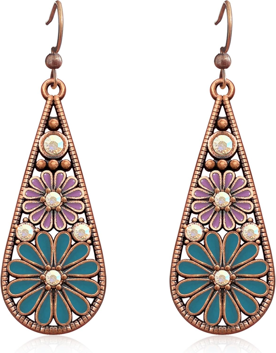 Copper Crystal Teardrop Enamel Flower Earrings