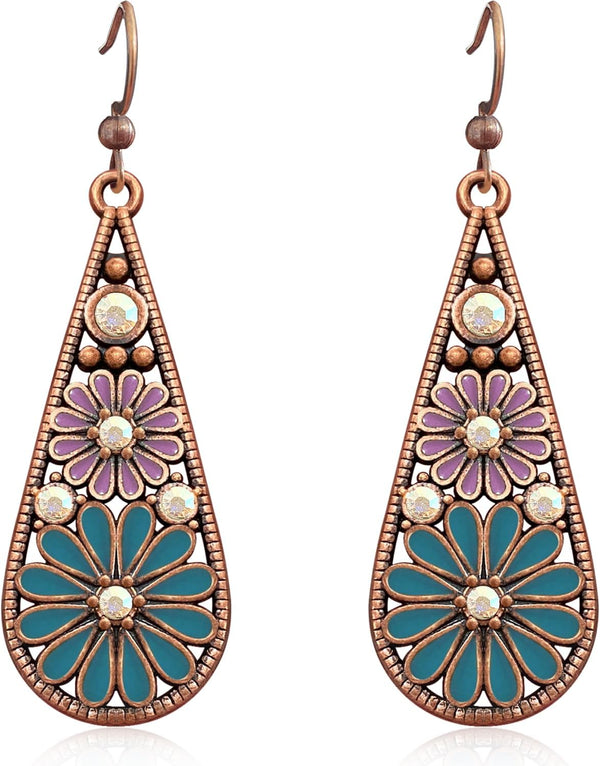 Copper Crystal Teardrop Enamel Flower Earrings
