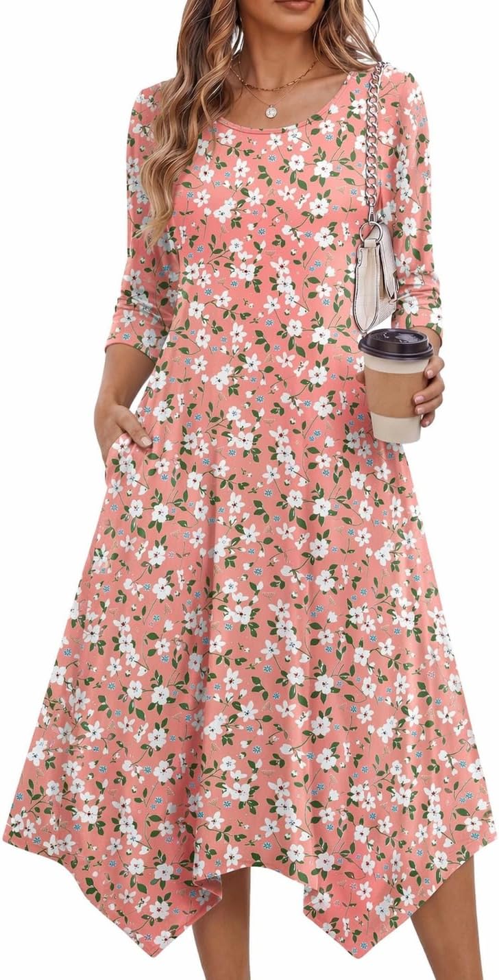 Zeagoo Midi Dresses Women 2026 Dress 3/4 Sleeve A Line Casual Dresses with Pockets