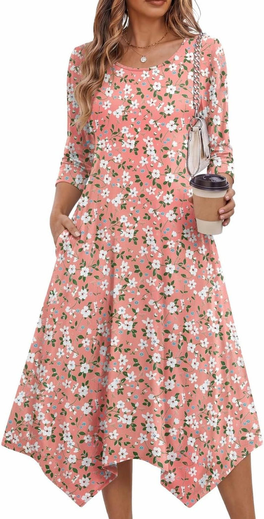 Zeagoo Midi Dresses Women 2026 Dress 3/4 Sleeve A Line Casual Dresses with Pockets