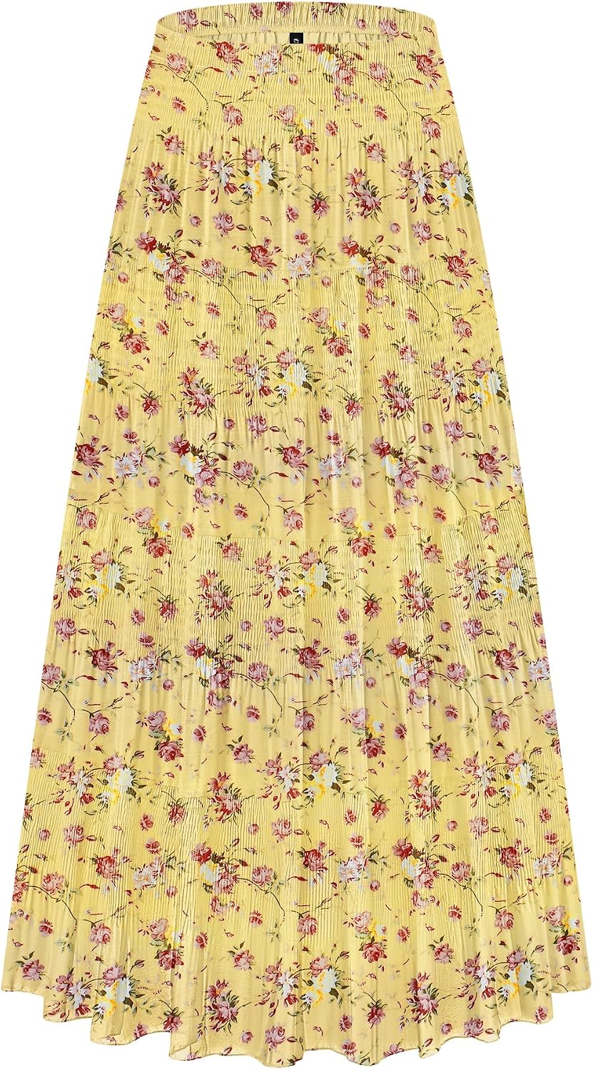 CYiNu Women's Chiffon Elastic High Waist Tiered Pleated Floral Printed A-Line Boho Long Maxi Skirts