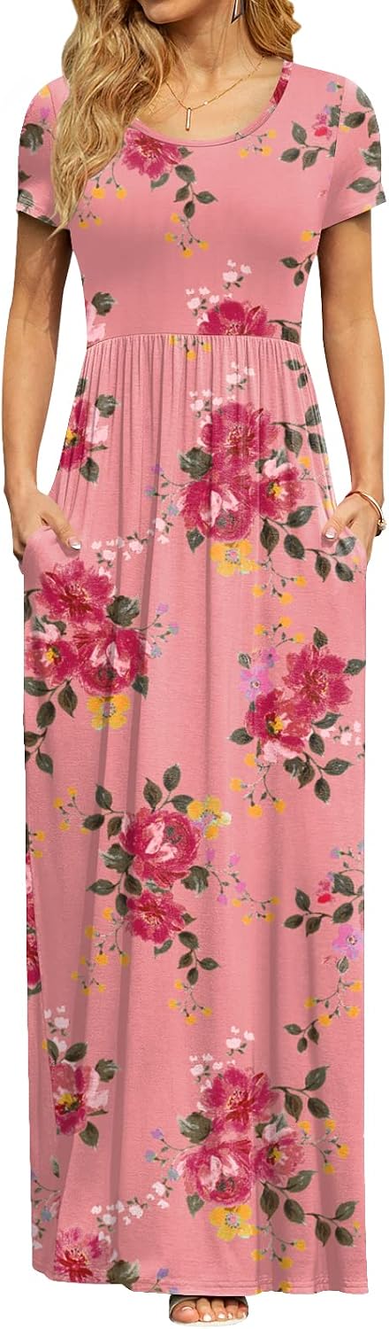 DB MOON Women's Summer Maxi Dress Casual Short Sleeve Empire Waist Pockets