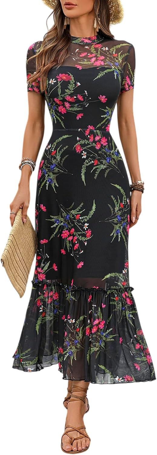 GothDark Women's Summer Floral Mesh Ruffle Casual Maxi Wedding Guest Dress Secondary image