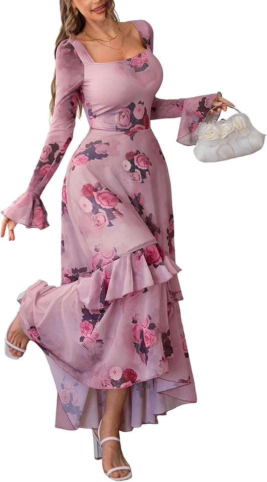 GothDark Women's Floral Mesh Square Neck Fall Wedding Guest Maxi Dress