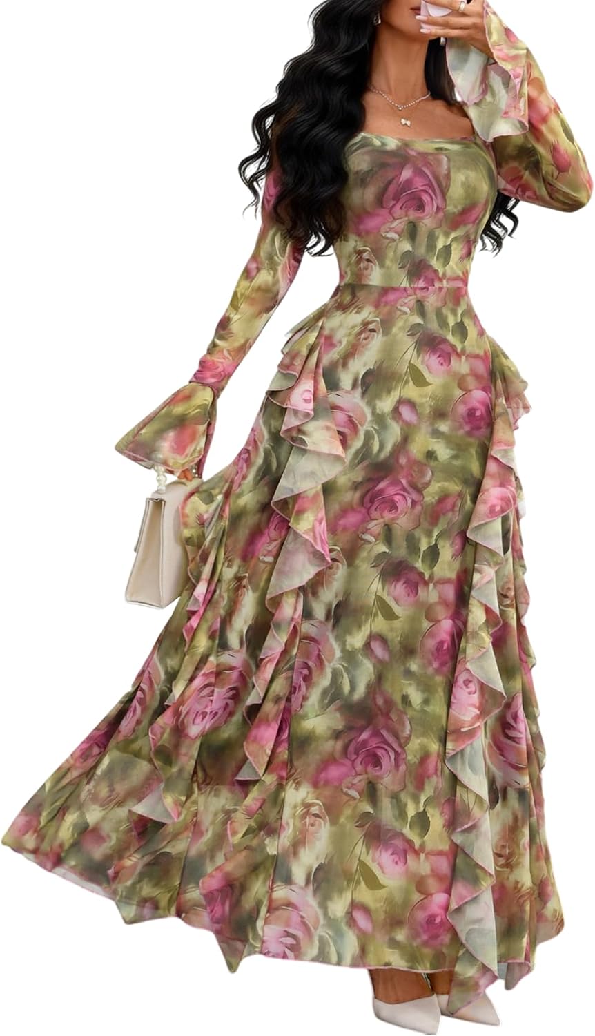 GothDark Women's Floral Dress Long Sleeve Square Neck Ruffle Party Outfit