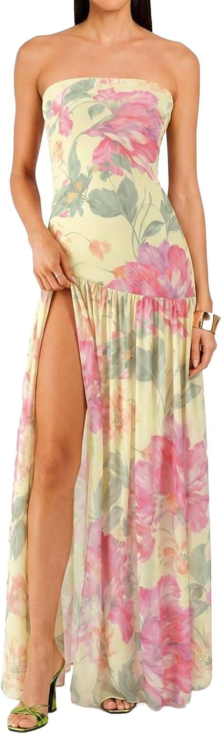 Women Tube Top Dress Tiger Stripe Mesh Patchwork Maxi Dress Strapless Sexy High Slit Long Dresses Beach Vacation