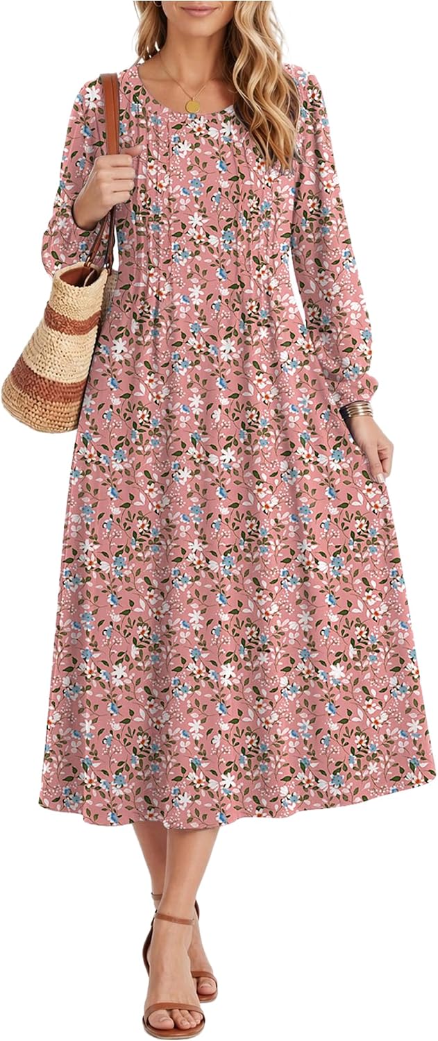 Zeagoo Fall Dresses for Women Long Sleeve Midi Dress Casual A Line Dresses 2026 Pleated Flare Dress with Pockets Secondary image
