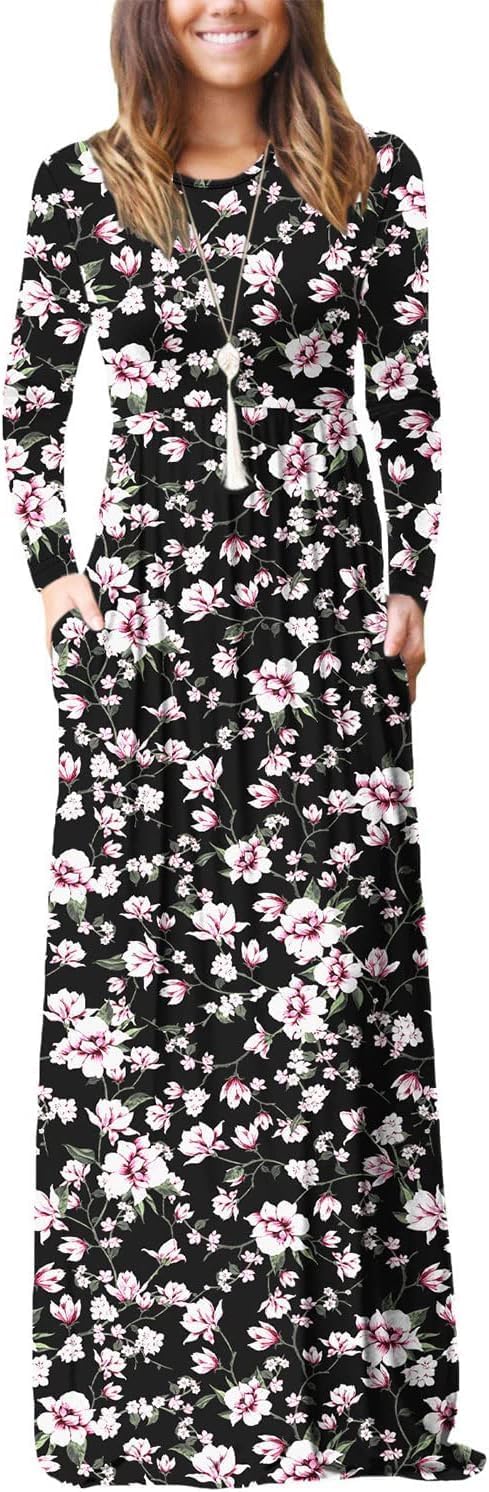 DEARCASE Women's Maxi Dress Long Sleeve Crewneck Empire Waist Long Dresses