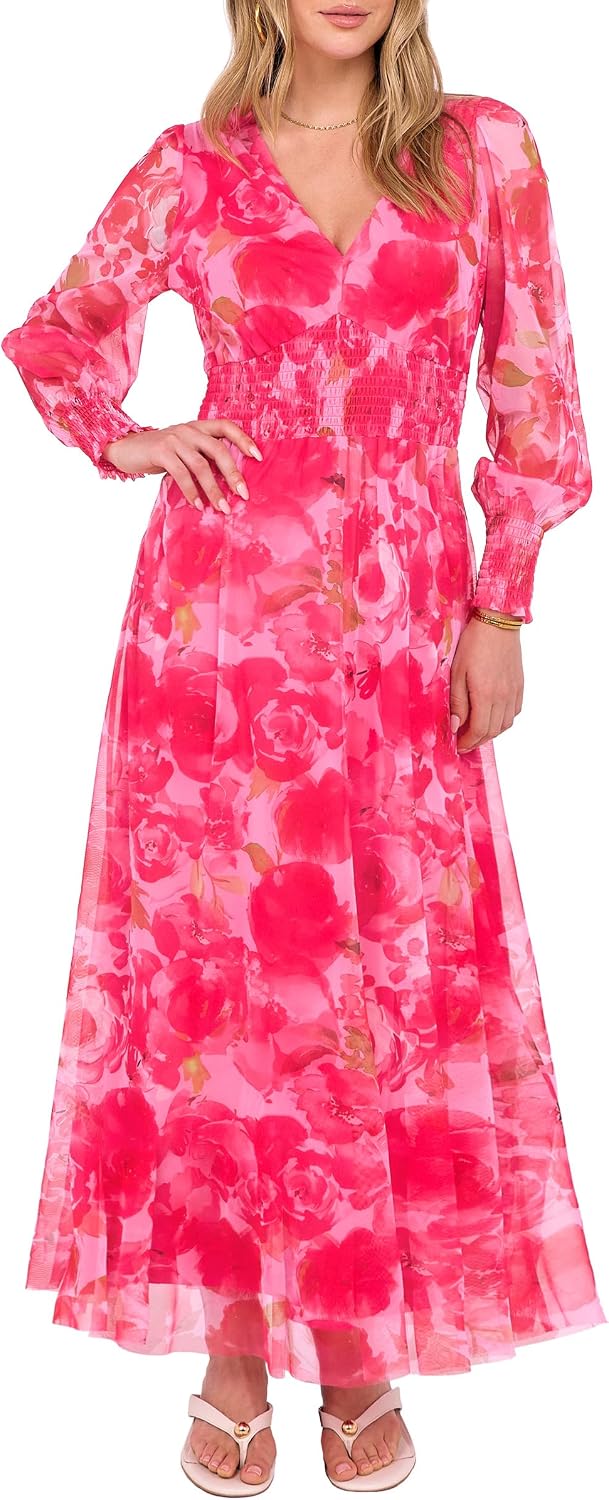 ANRABESS Women's Fall Wedding Guest Tulle Floral Long Sleeve Maxi Dress