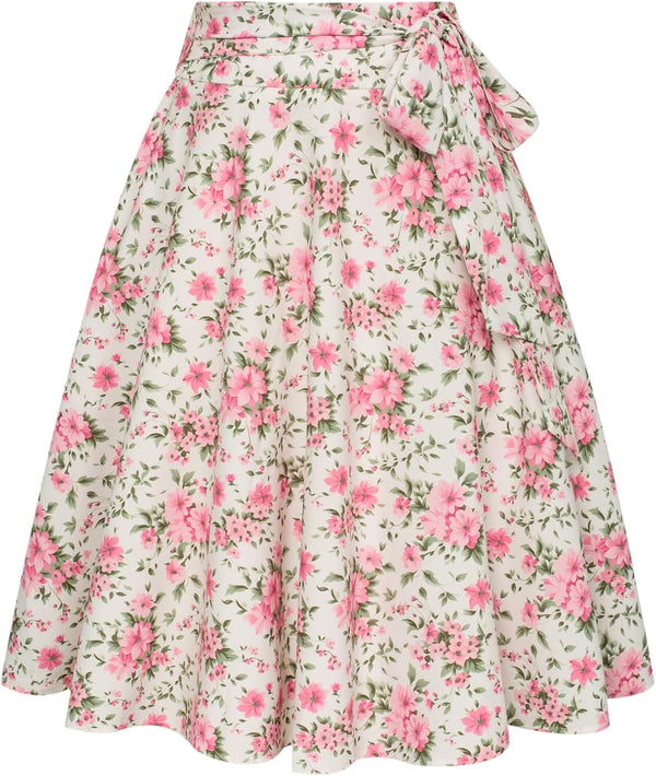 Belle Poque Women's High Waist A-Line Pockets Skirt Skater Flared Midi Skirt Vinage Skirt