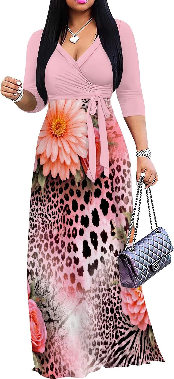 PinkPatty Women's Plus Size V Neck 3/4 Sleeve Boho Maxi Dress with Pockets