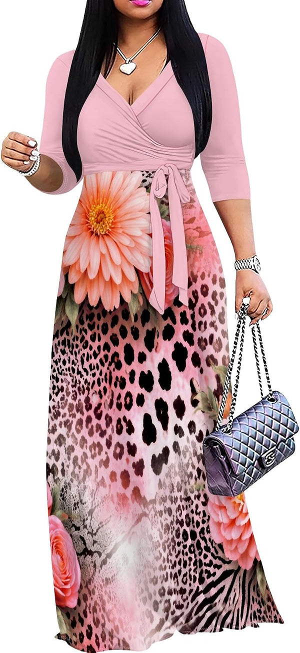 PinkPatty Women's Plus Size V Neck 3/4 Sleeve Boho Maxi Dress with Pockets