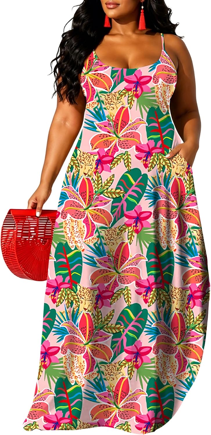 UOUA Hawaiian Dresses Women Plus Size Luau Party Sundress Summer Maxi Tropical Boho Beach Dress