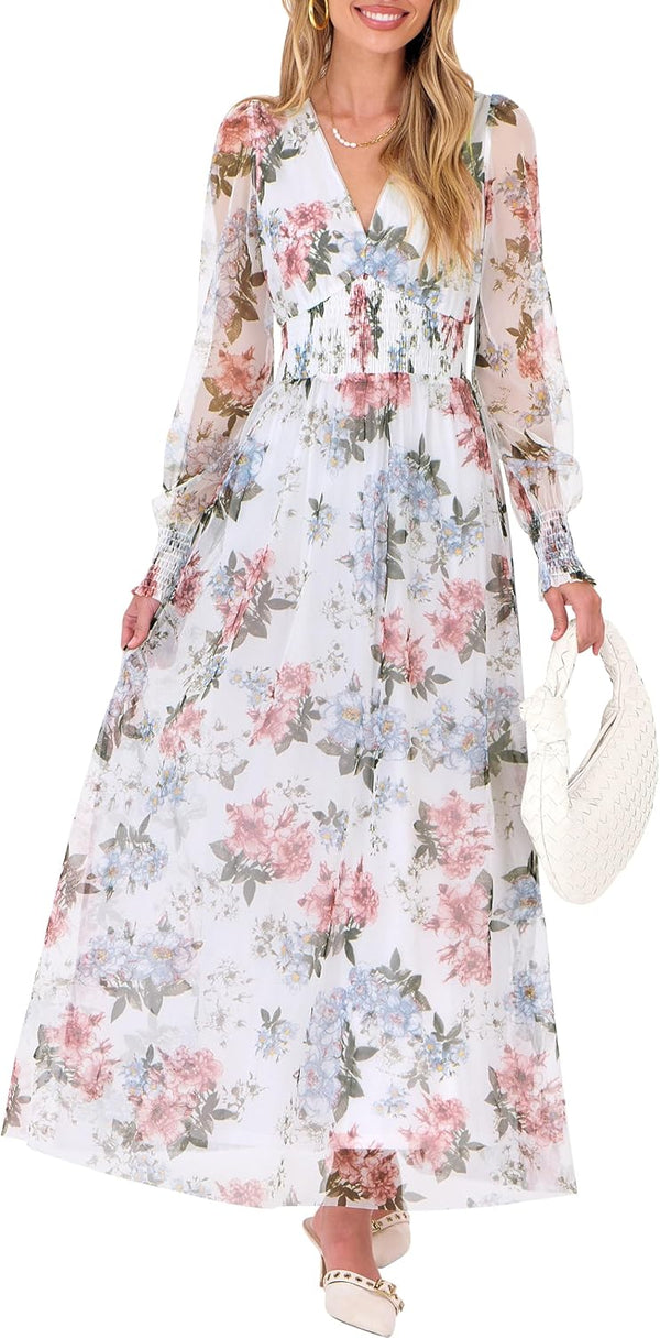 ANRABESS Women's Fall Wedding Guest Tulle Floral Long Sleeve Maxi Dress