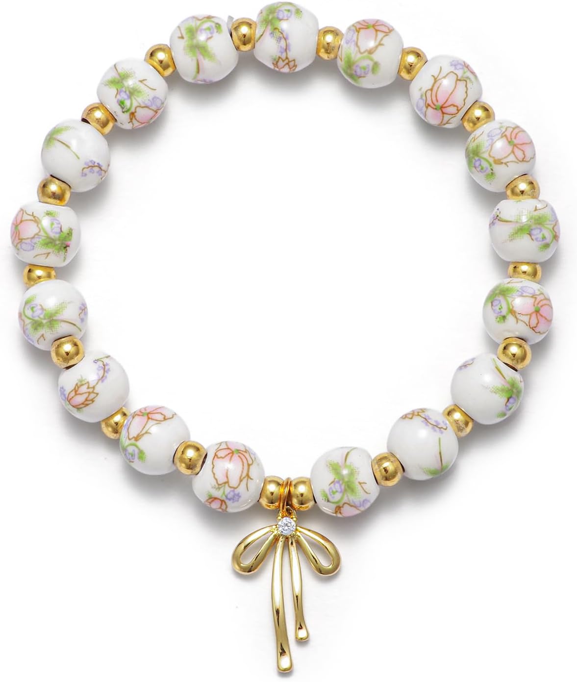 Beaded Bracelets for Women,Bow Charm Blue Flower Gold Plated Jewelry Women