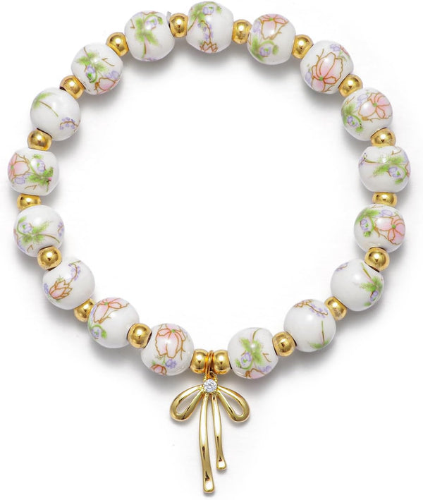Beaded Bracelets for Women,Bow Charm Blue Flower Gold Plated Jewelry Women