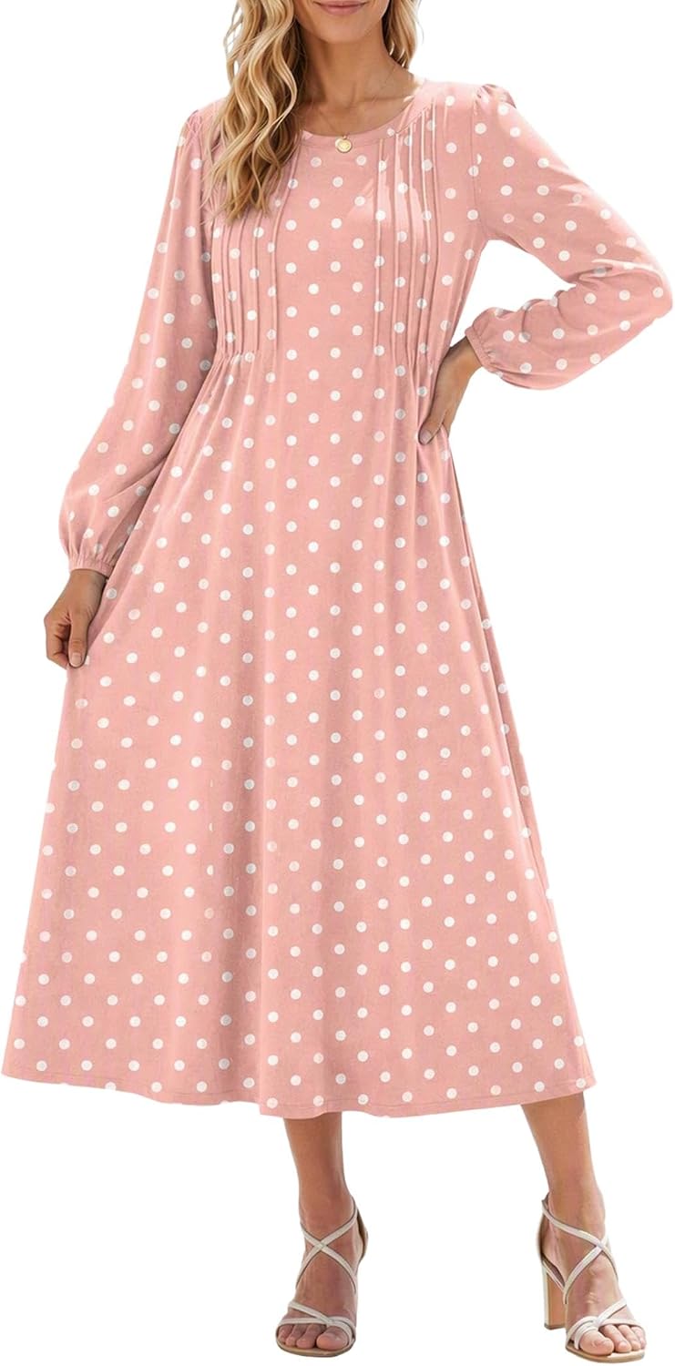 Zeagoo Fall Dresses for Women Long Sleeve Midi Dress Casual A Line Dresses 2026 Pleated Flare Dress with Pockets