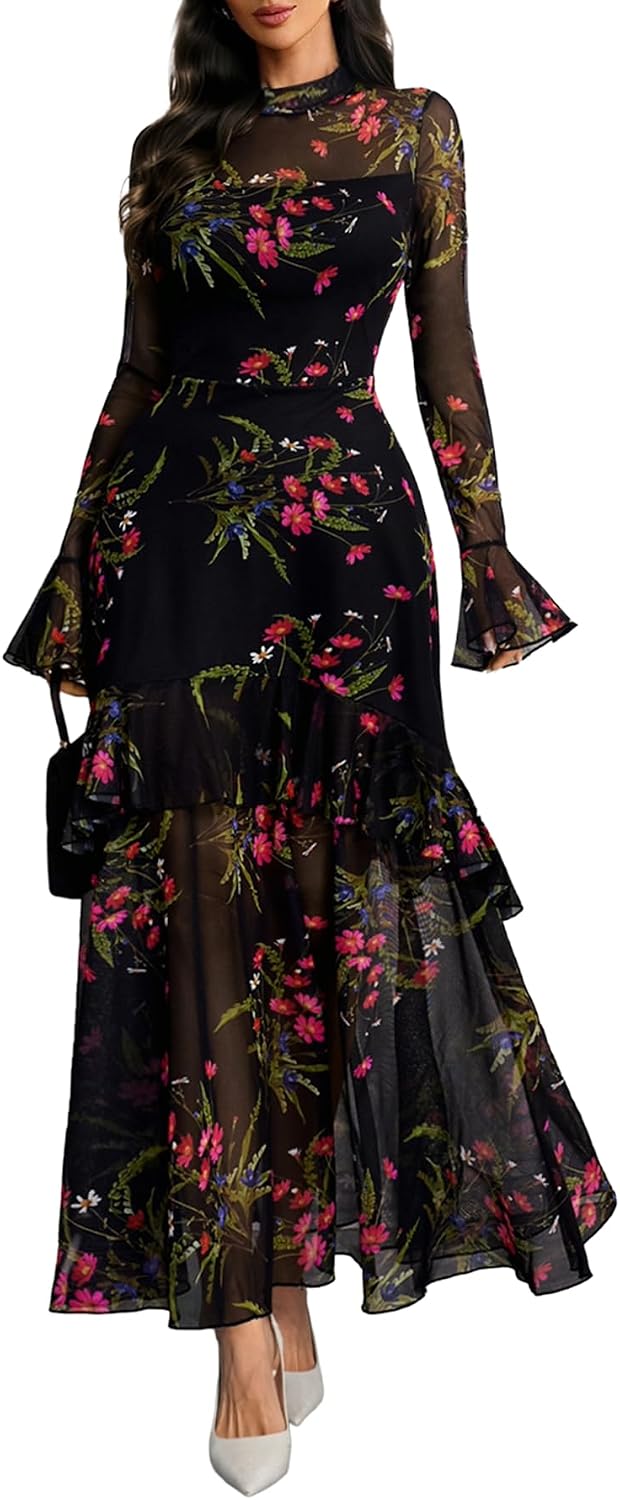 GothDark Women Floral Maxi Dress Bell Sleeve Party Wedding Guest Dresses