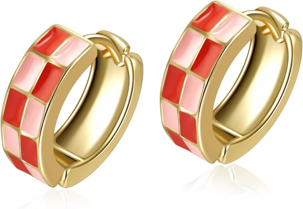 Checker Cartilage Hoops Teacher Earrings for Women White Black Enamel Gold