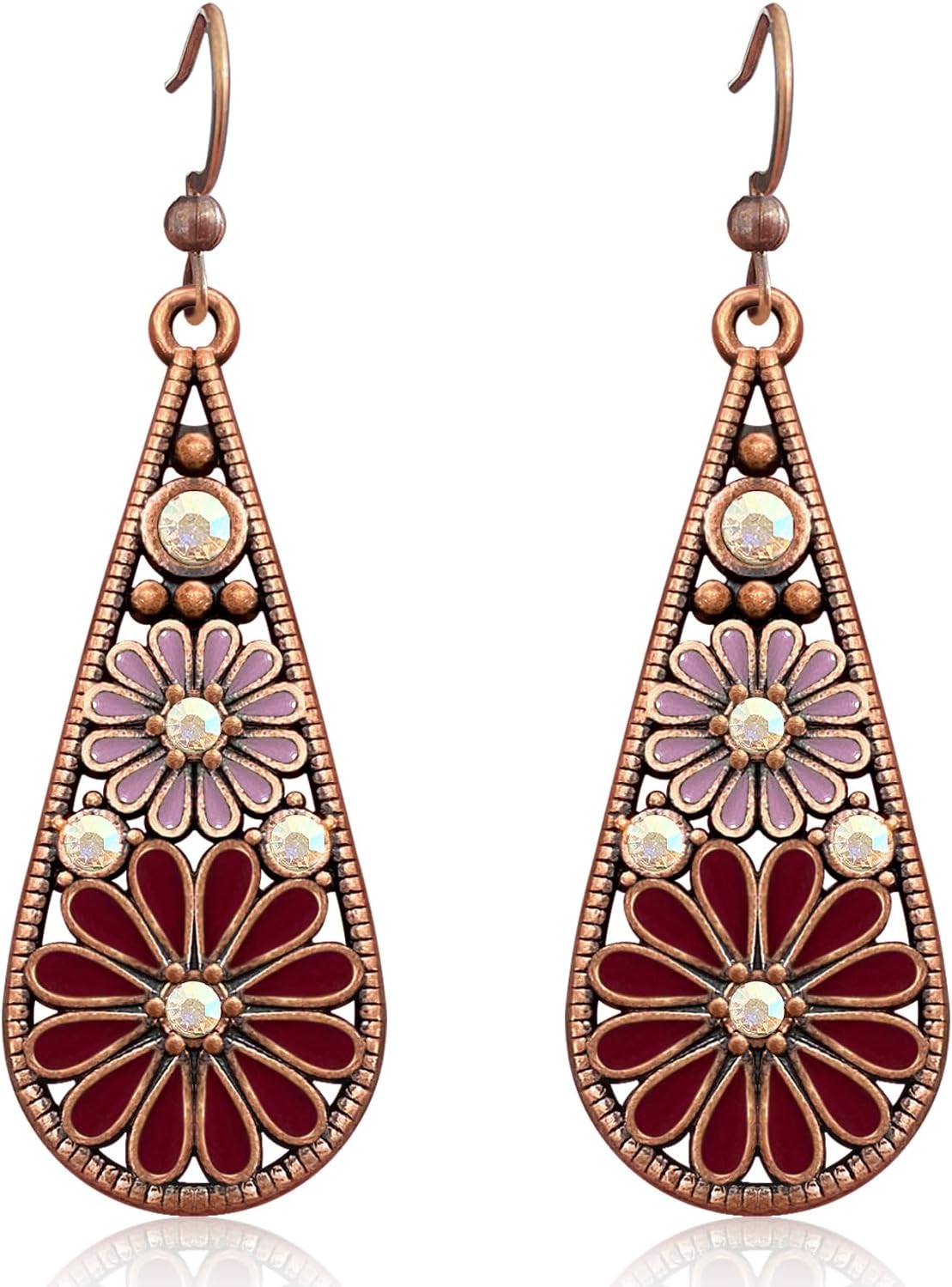 Copper Crystal Teardrop Enamel Flower Earrings
